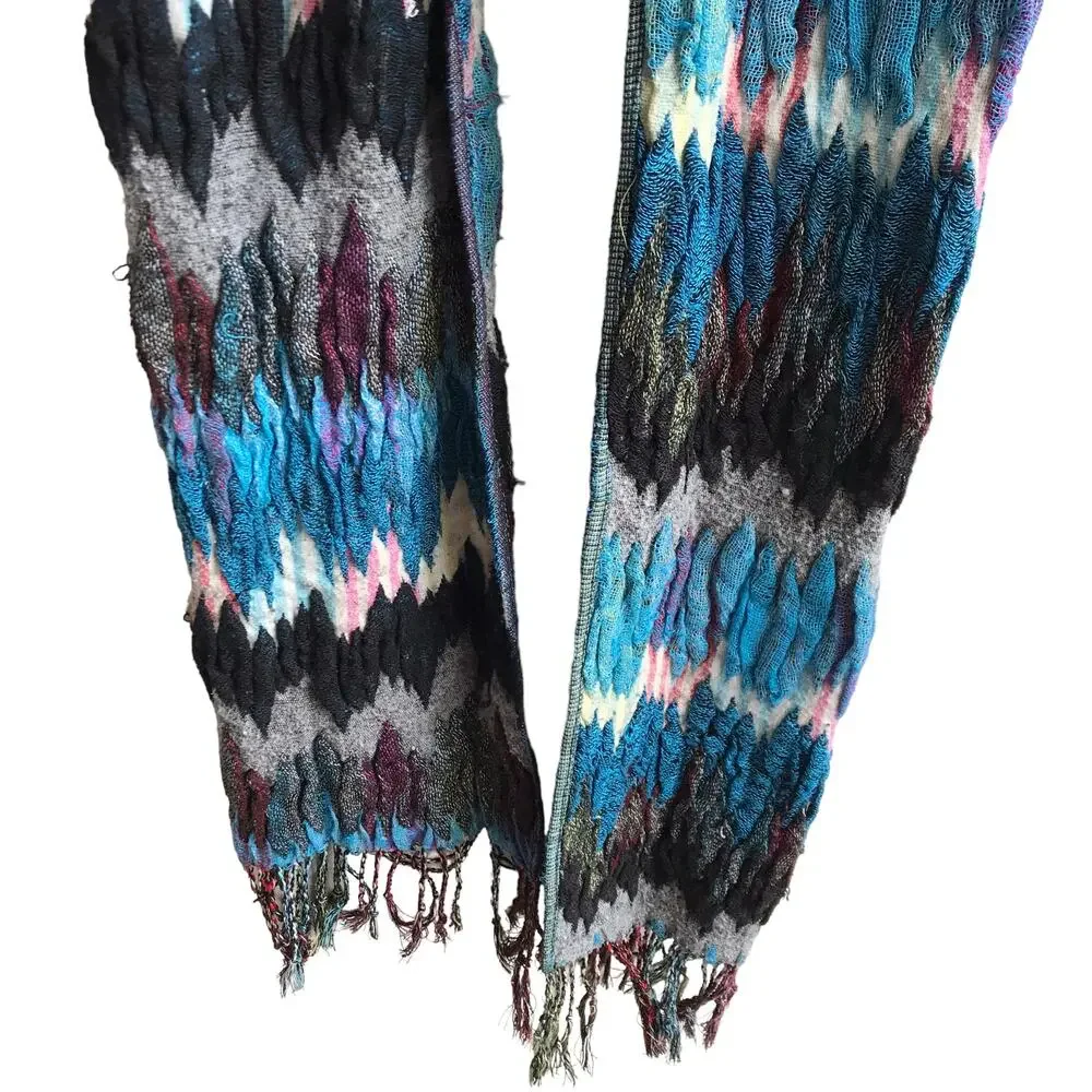Blue Zig Zag Knit Scarf Fringed Marled Rectangular Wrap Warm Cozy Cabincore